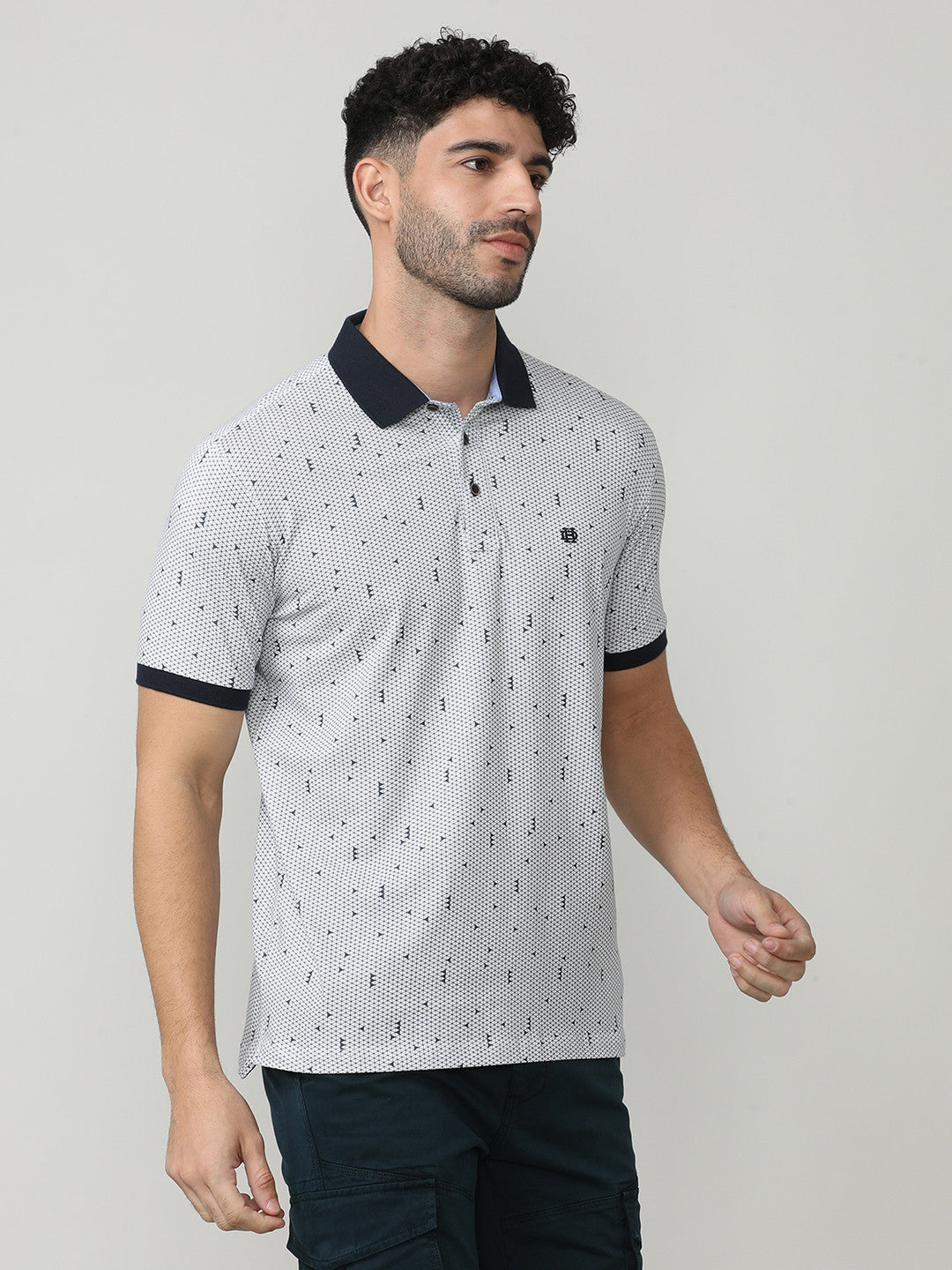 White Pique Lycra Graphic Printed Polo T-shirt With Constrast Collar