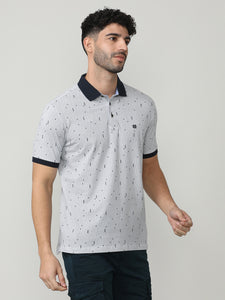 White Pique Lycra Graphic Printed Polo T-shirt With Constrast Collar