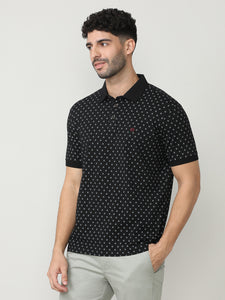 Black Pique Lycra Micro Printed Polo T-shirt