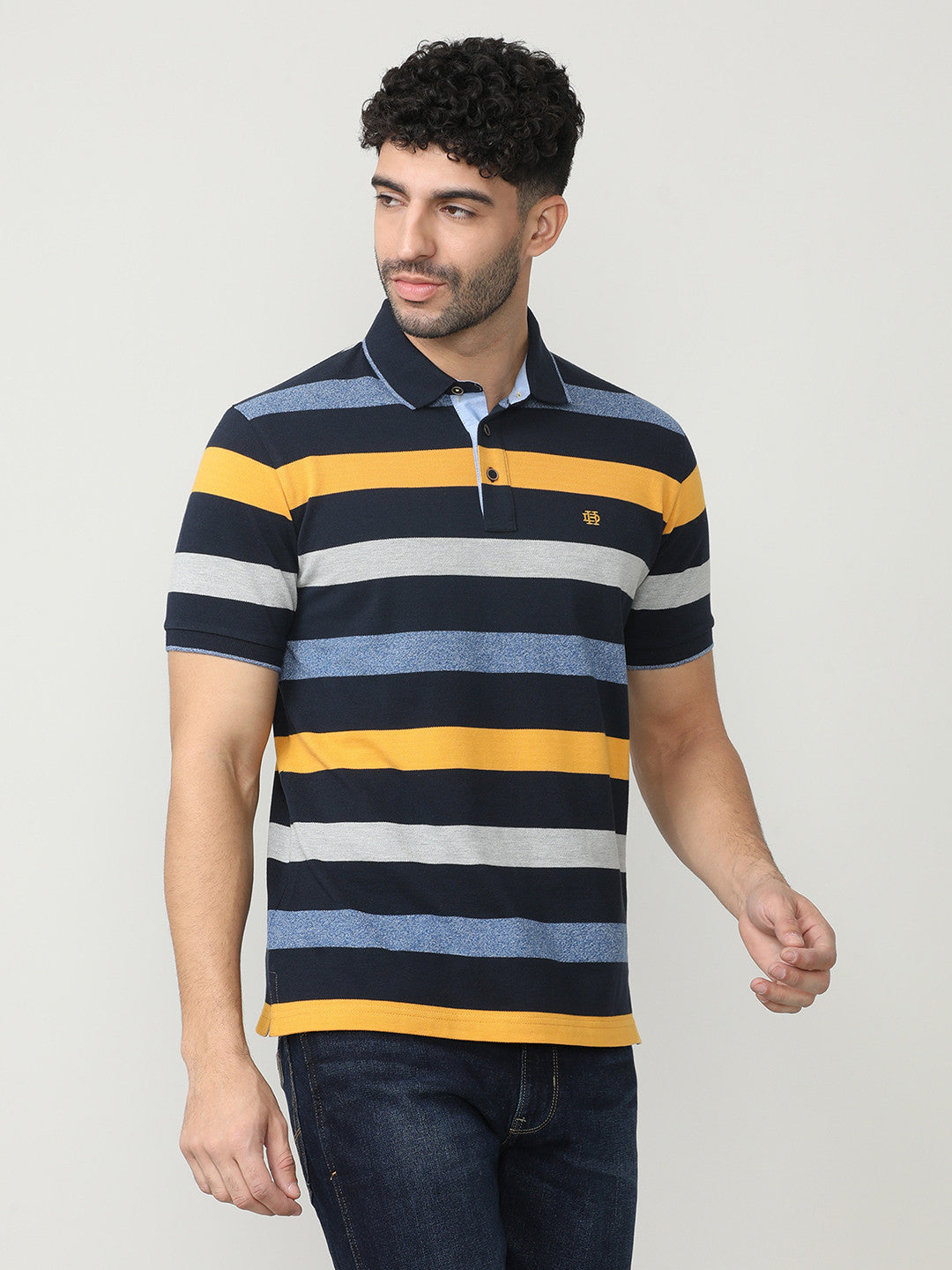 Navy Pique Stripes Polo T-shirt With Tipping Collar