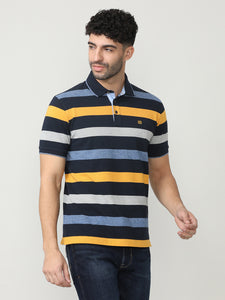 Navy Pique Stripes Polo T-shirt With Tipping Collar