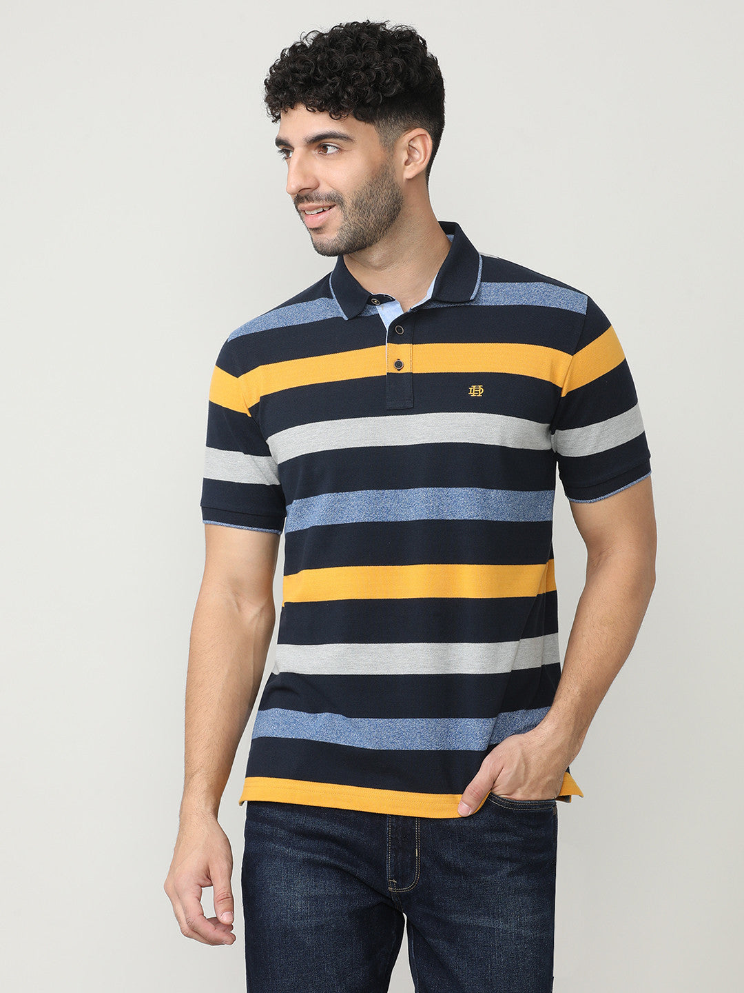 Navy Pique Stripes Polo T-shirt With Tipping Collar