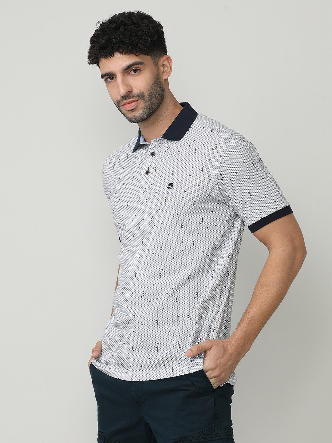 White Pique Lycra Graphic Printed Polo T-shirt With Constrast Collar