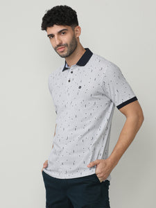 White Pique Lycra Graphic Printed Polo T-shirt With Constrast Collar