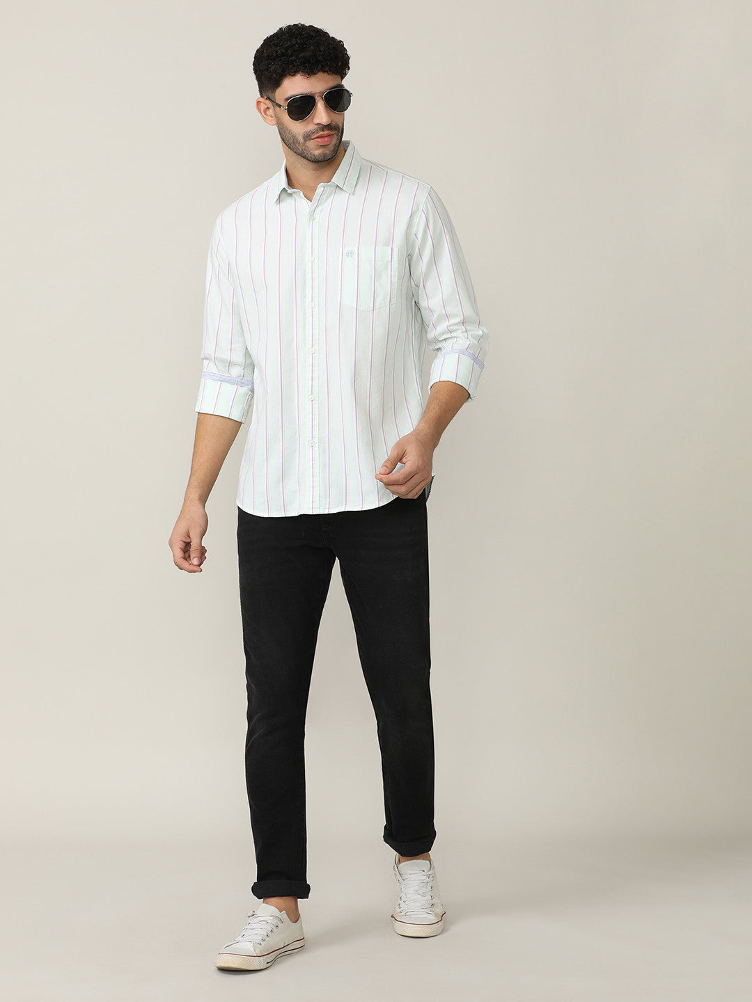 Pistachio Green Oxford Verticle Stripes Checks Shirt With Pocket