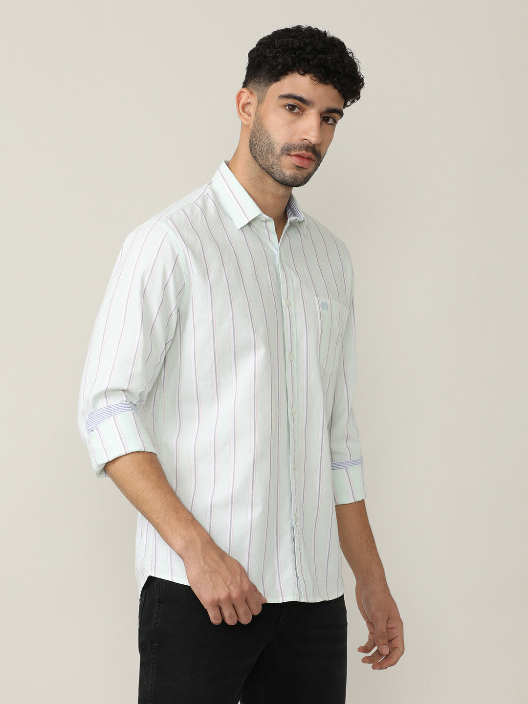 Pistachio Green Oxford Verticle Stripes Checks Shirt With Pocket