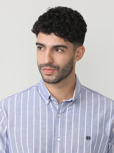 Aqua Oxford Verticle Stripes Checks Shirt With Button Down Collar