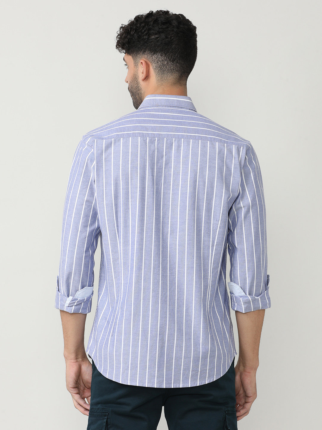 Aqua Oxford Verticle Stripes Checks Shirt With Button Down Collar