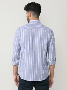 Aqua Oxford Verticle Stripes Checks Shirt With Button Down Collar