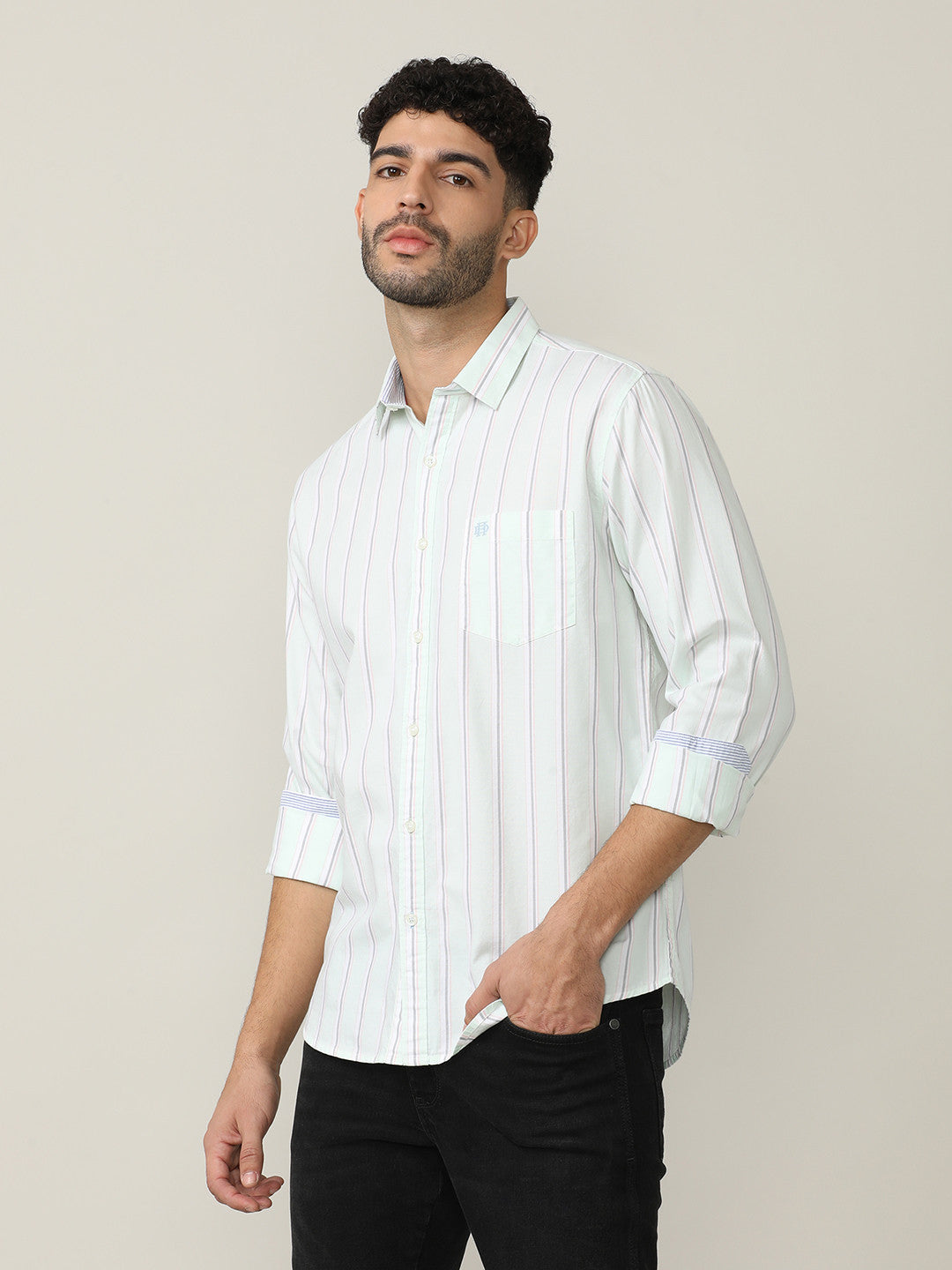 Pistachio Green Oxford Verticle Stripes Checks Shirt With Pocket
