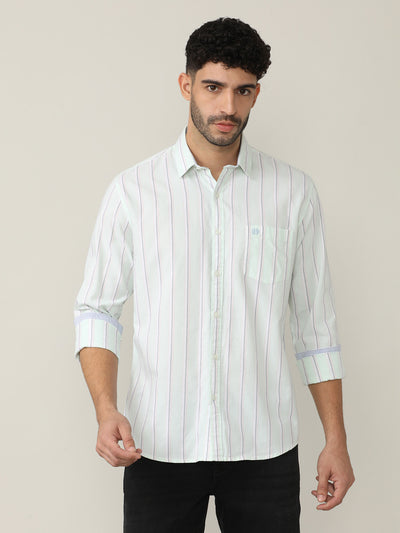 Pistachio Green Oxford Verticle Stripes Checks Shirt With Pocket