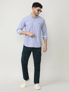 Aqua Oxford Verticle Stripes Checks Shirt With Button Down Collar