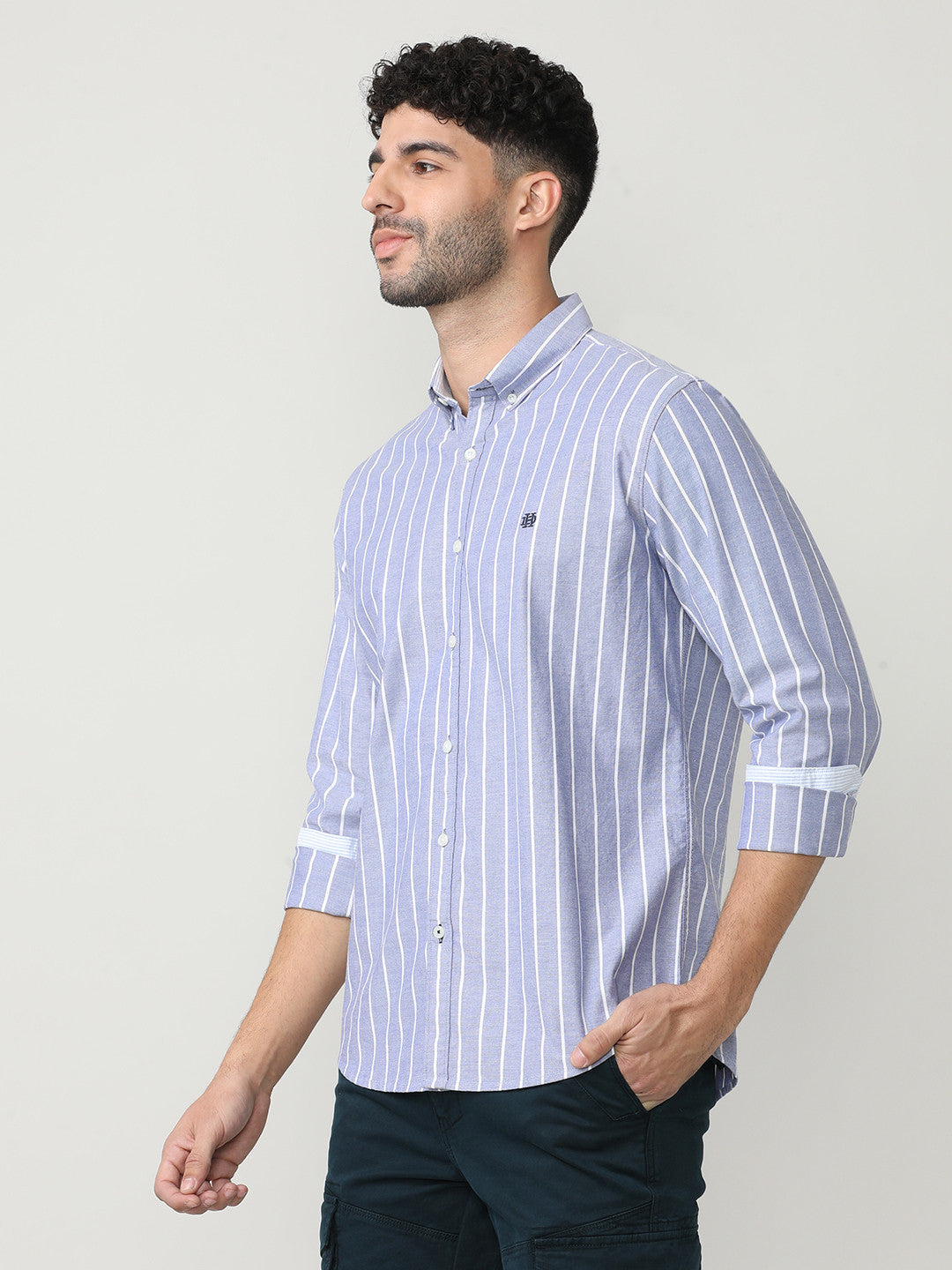 Aqua Oxford Verticle Stripes Checks Shirt With Button Down Collar