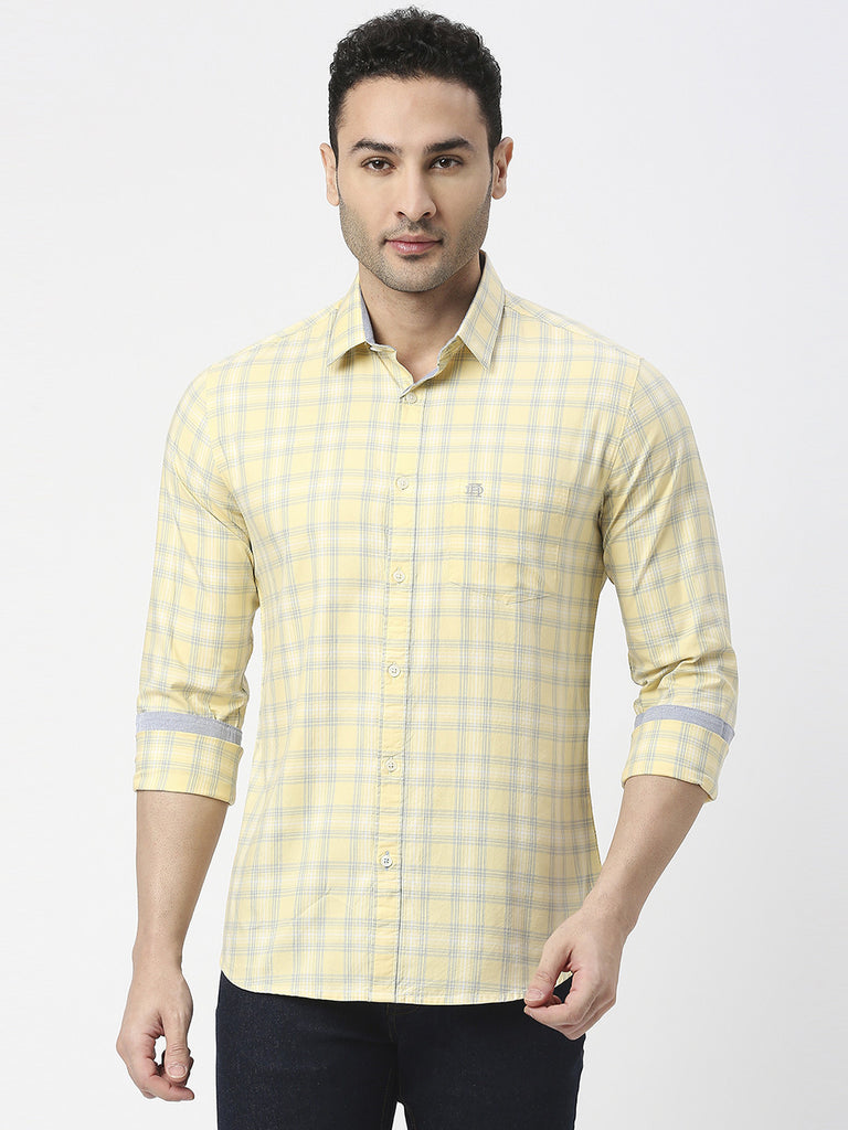 Pale Yellow Fine Twill Checked Shirt With Pocket