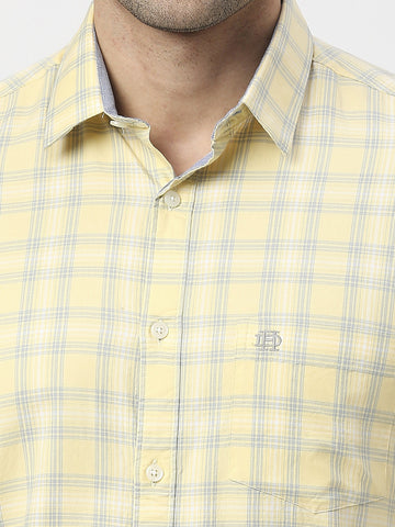 Pale Yellow Fine Twill Checked Shirt With Pocket