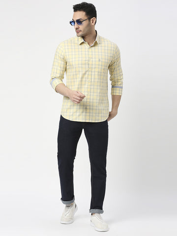 Pale Yellow Fine Twill Checked Shirt With Pocket