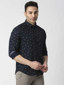 Navy Herringbone Printed Shirt With Pocket