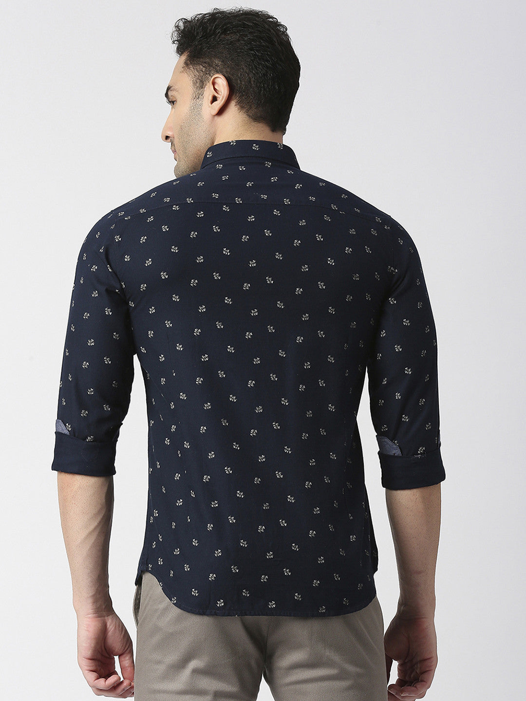 Navy Herringbone Printed Shirt With Pocket