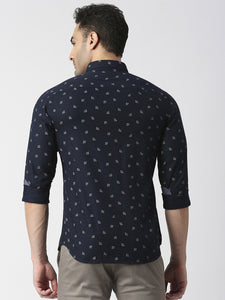 Navy Herringbone Printed Shirt With Pocket