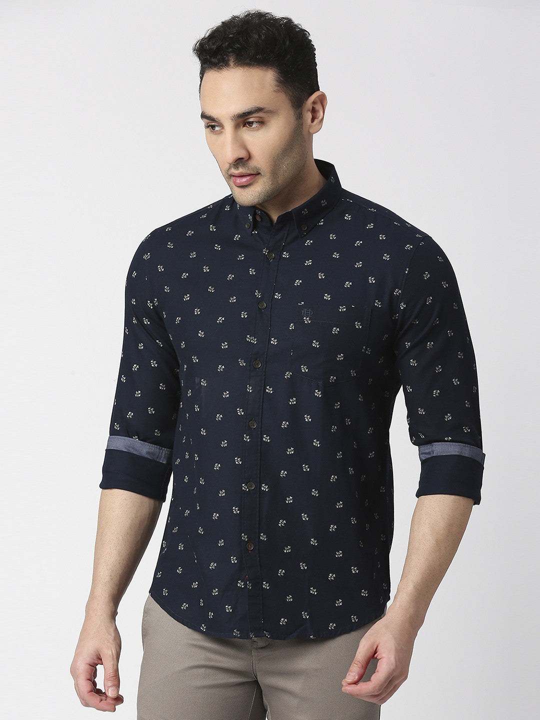 Navy Herringbone Printed Shirt With Pocket