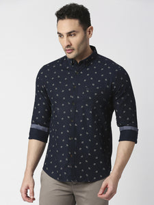 Navy Herringbone Printed Shirt With Pocket