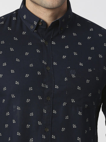 Navy Herringbone Printed Shirt With Pocket