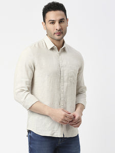 Beige Pure Linen Shirt With Pocket