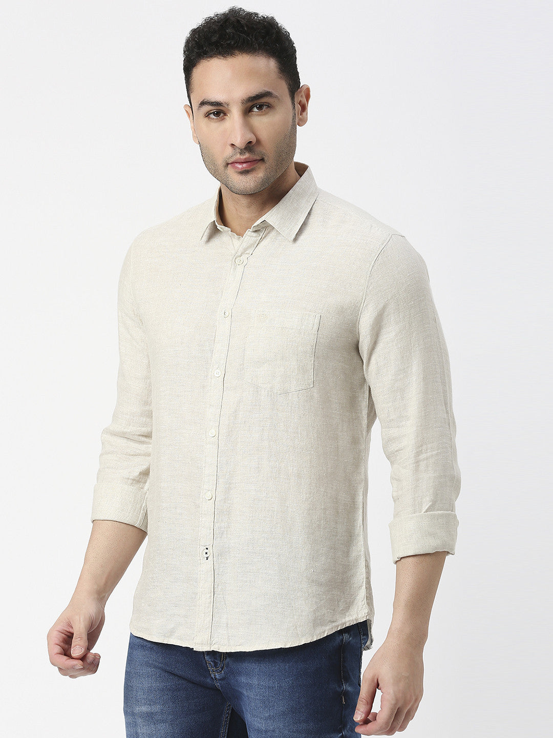 Beige Pure Linen Shirt With Pocket
