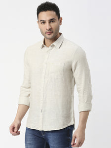 Beige Pure Linen Shirt With Pocket
