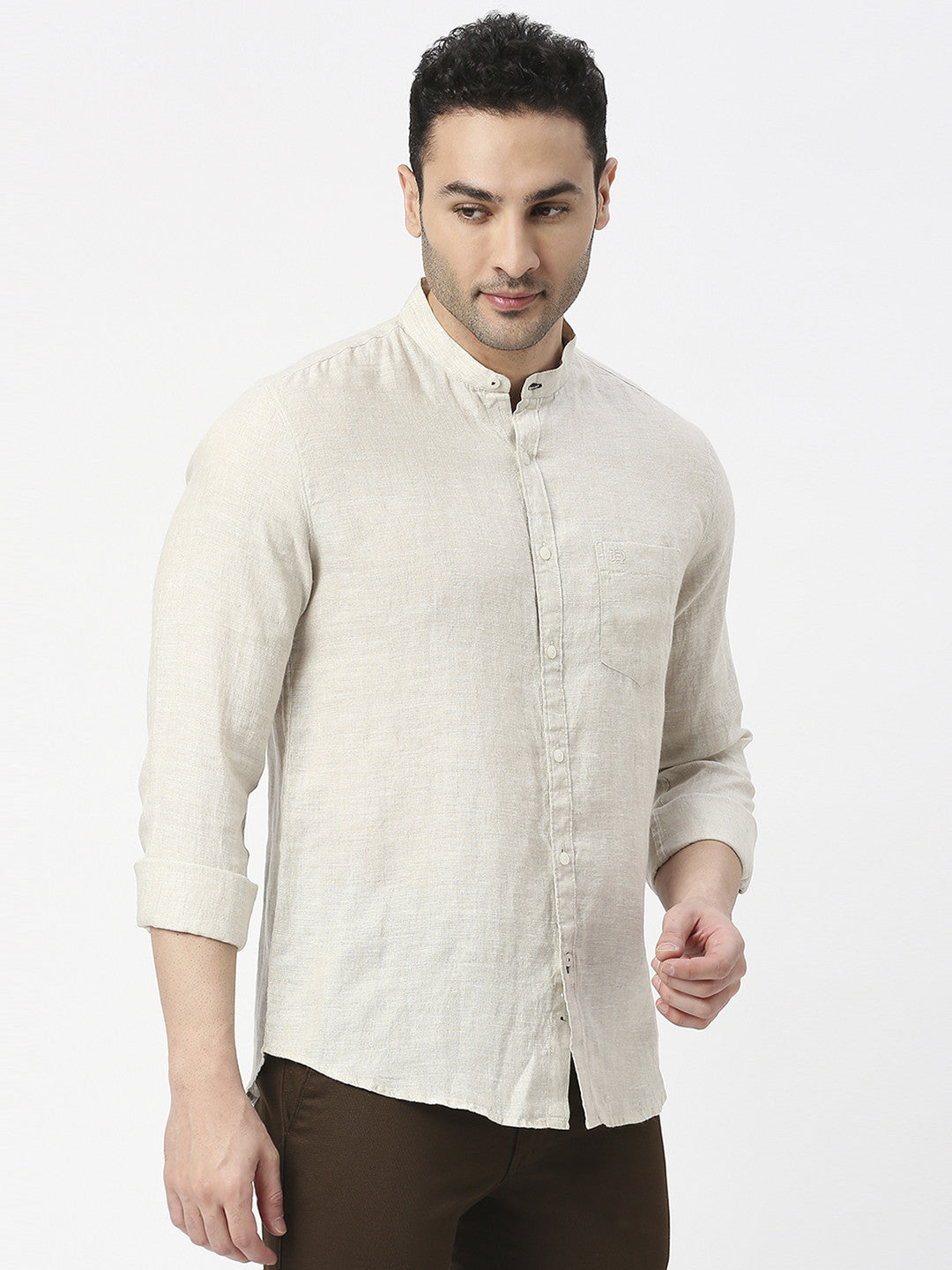 Beige Pure Linen Shirt With Mandarin Collar