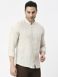 Beige Pure Linen Shirt With Mandarin Collar