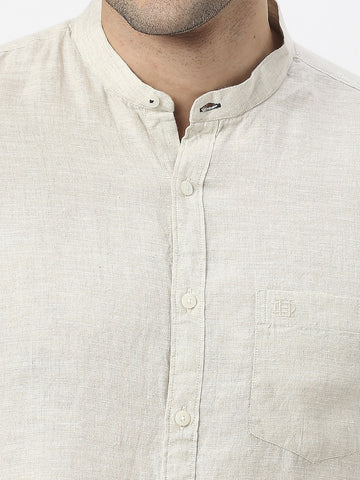Beige Pure Linen Shirt With Mandarin Collar