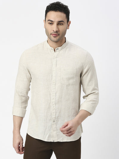 Beige Pure Linen Shirt With Mandarin Collar