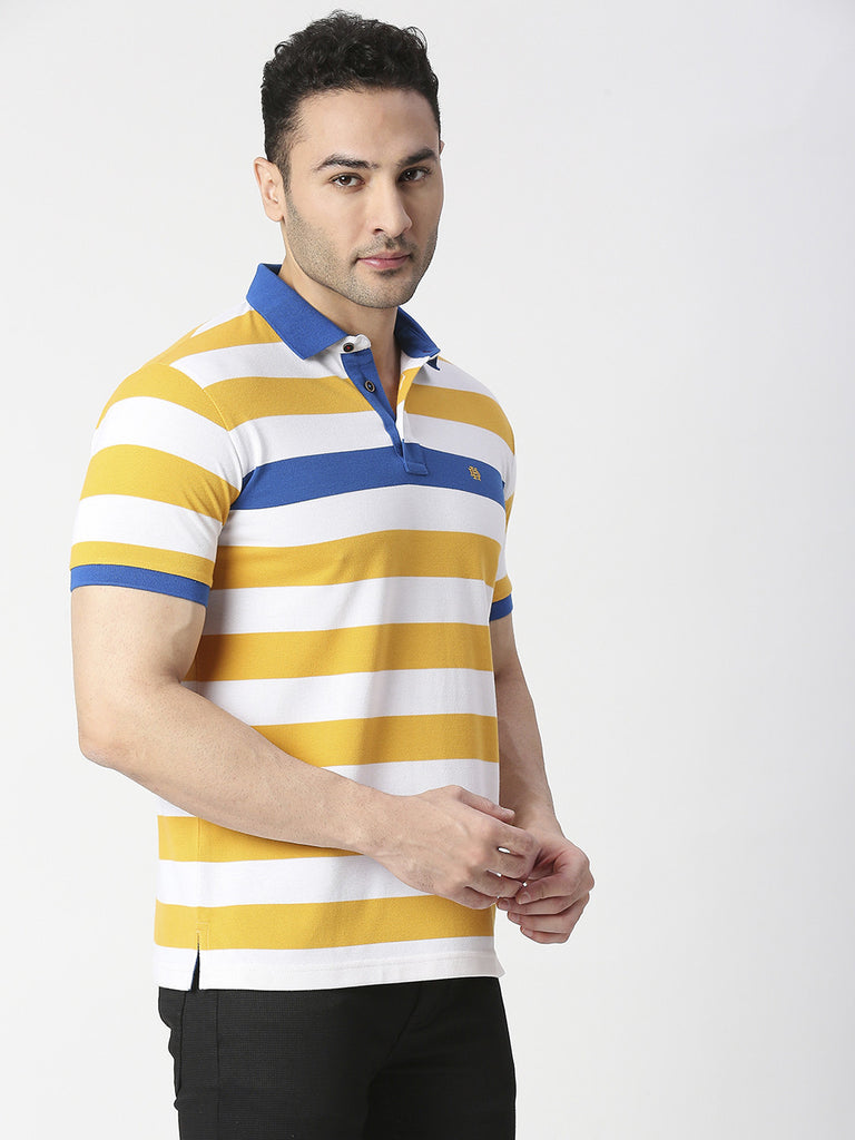 Yellow Pique Striped Polo T-shirt With Contrast Collar