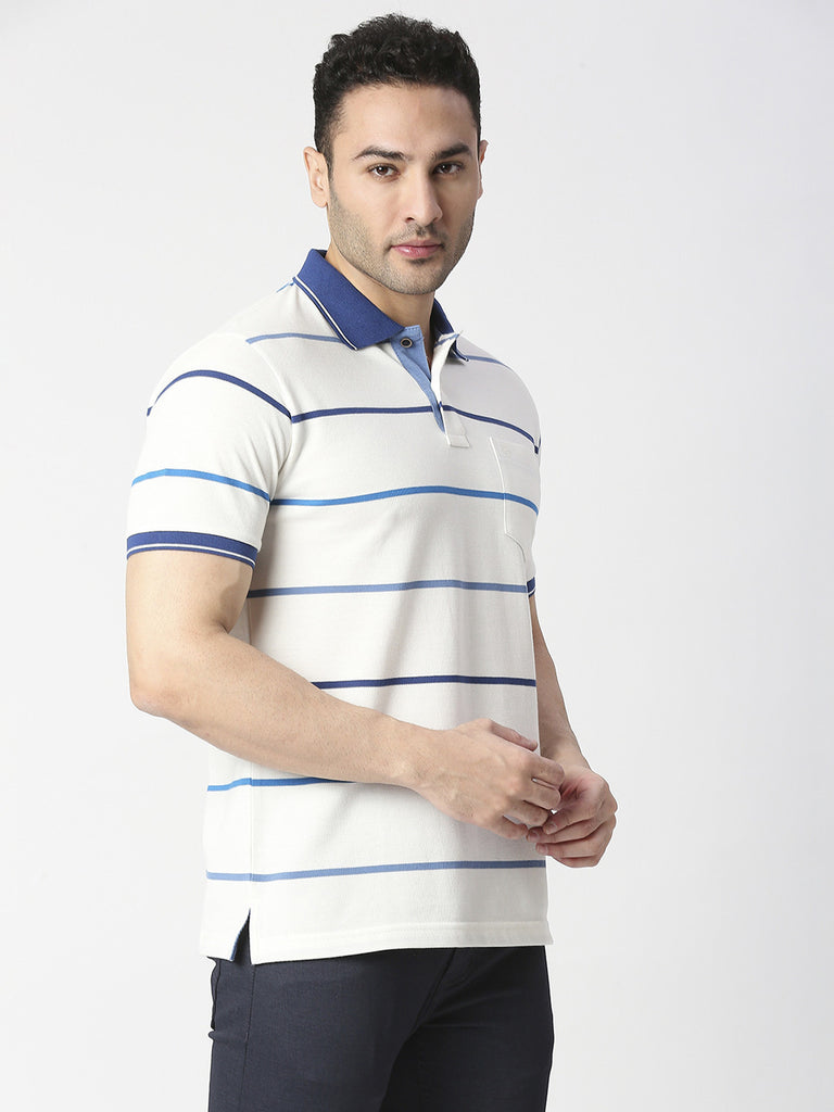 White Pique Striped Polo T-shirt With Pocket