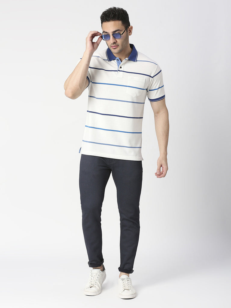 White Pique Striped Polo T-shirt With Pocket