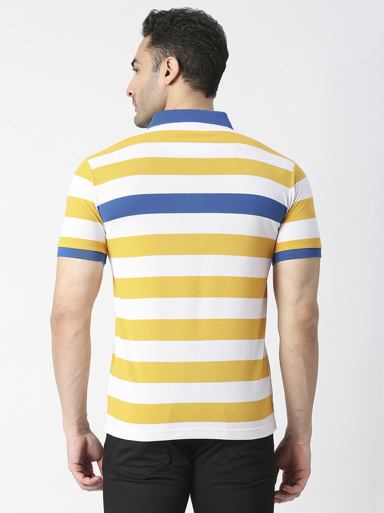 Yellow Pique Striped Polo T-shirt With Contrast Collar