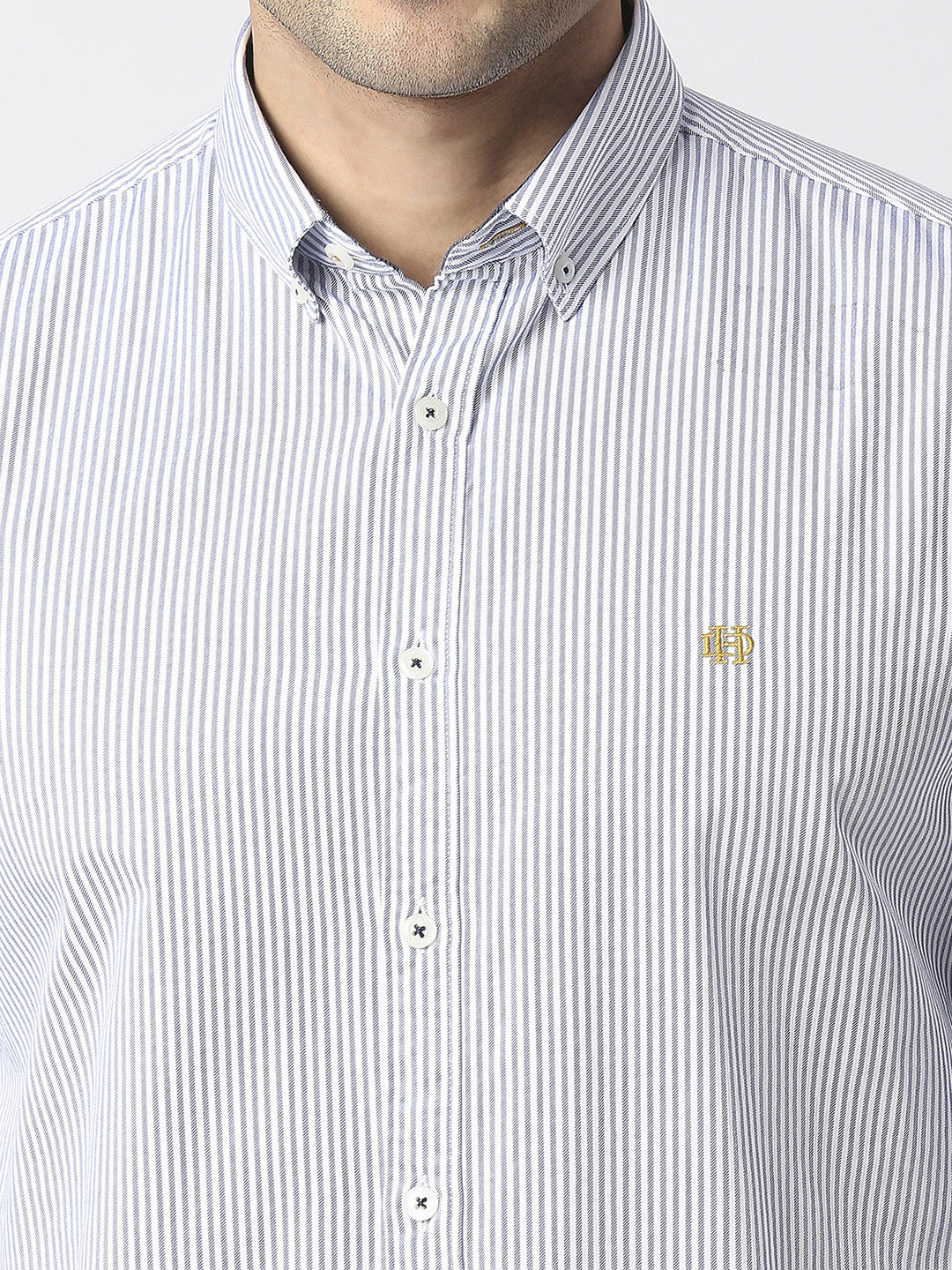 Sky Blue Oxford Vertical Striped Shirt With Button Down Collar