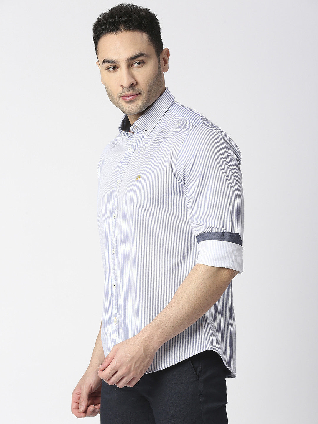 Sky Blue Oxford Vertical Striped Shirt With Button Down Collar
