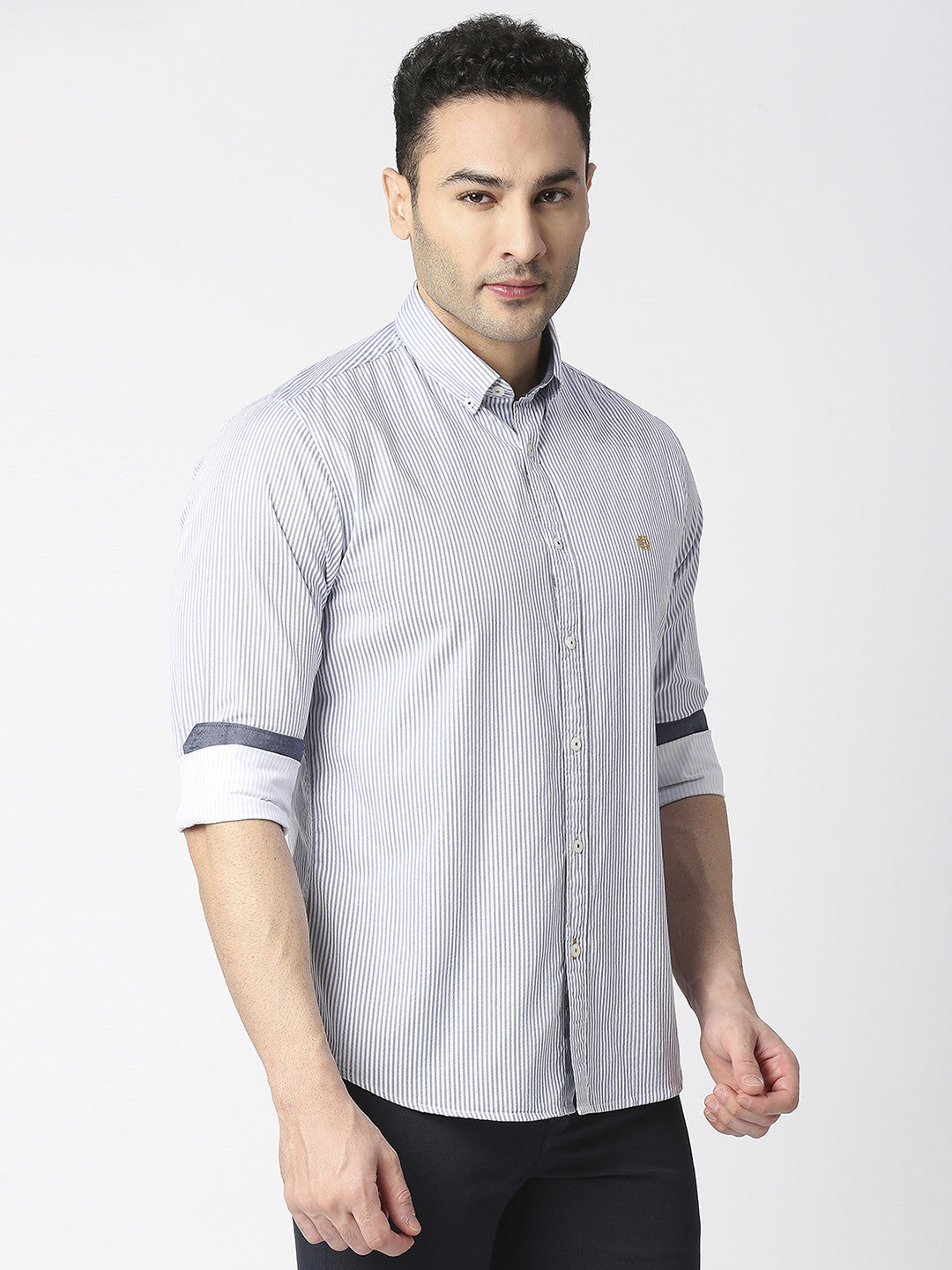 Sky Blue Oxford Vertical Striped Shirt With Button Down Collar