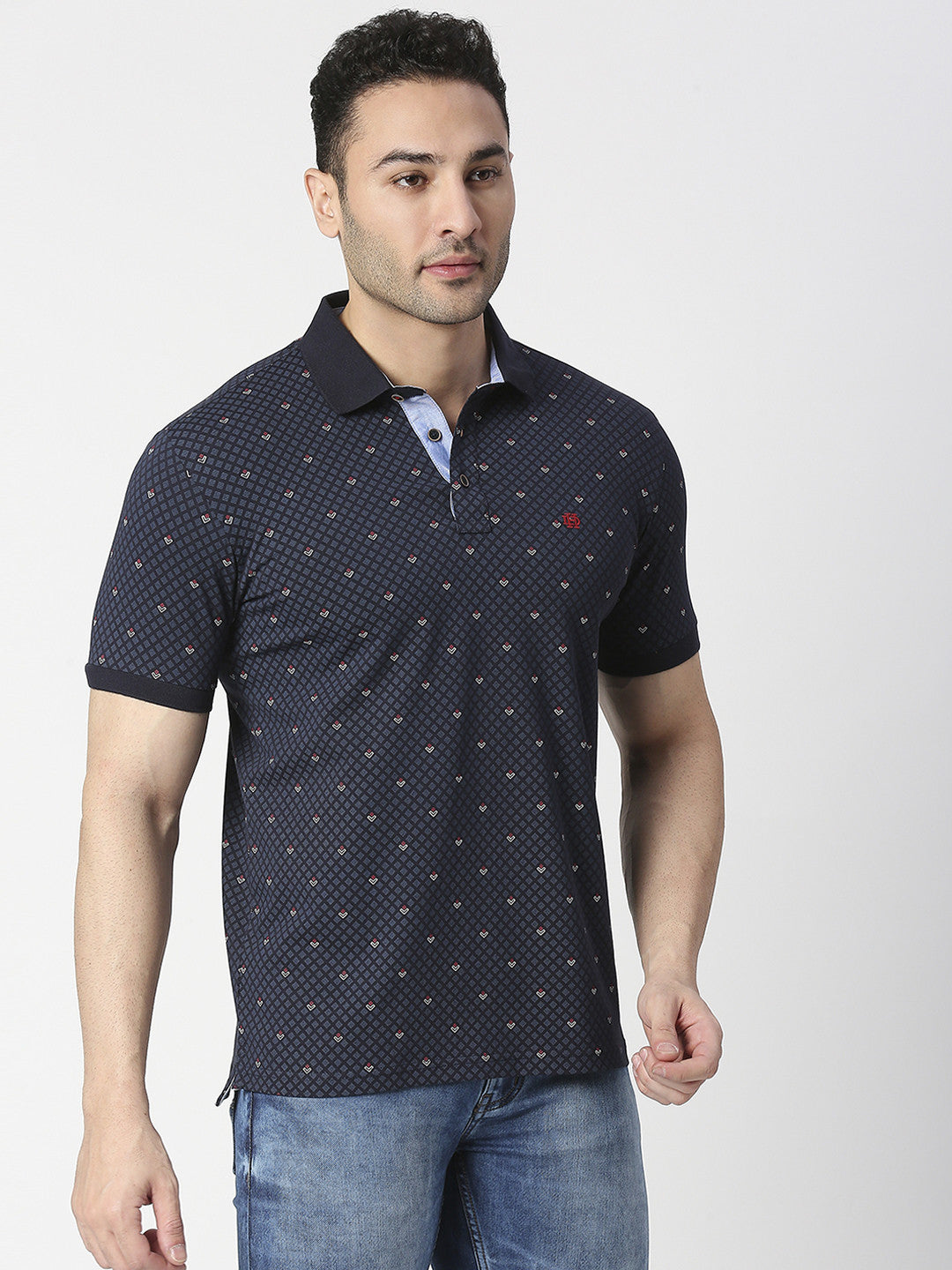 Navy Blue Cotton Jersey Lycra Printed Polo T-shirt