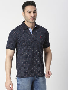Navy Blue Cotton Jersey Lycra Printed Polo T-shirt