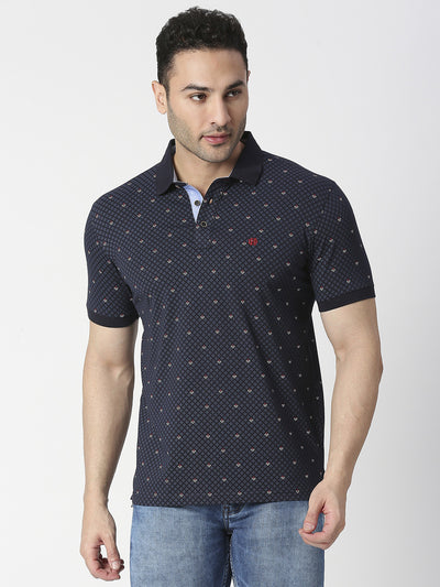 Navy Blue Cotton Jersey Lycra Printed Polo T-shirt