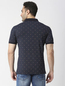 Navy Blue Cotton Jersey Lycra Printed Polo T-shirt