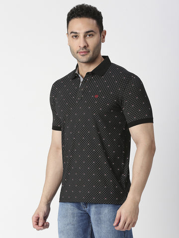 Black Cotton Jersey Lycra Printed Polo T-shirt