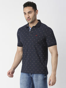 Navy Blue Cotton Jersey Lycra Printed Polo T-shirt