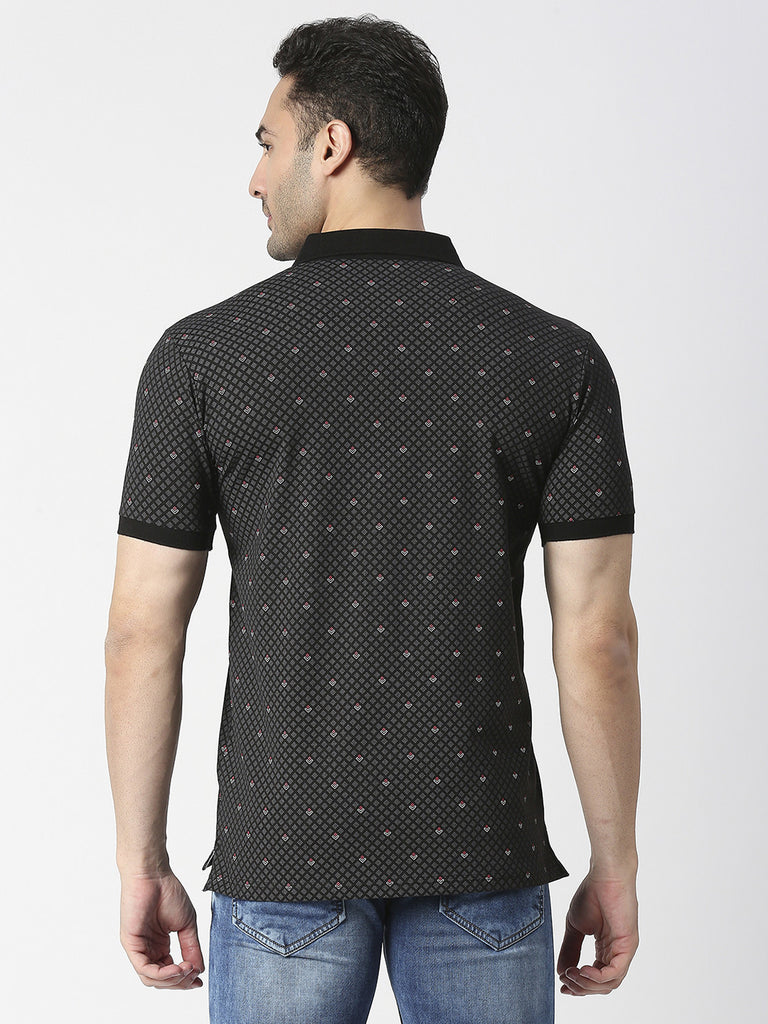 Black Cotton Jersey Lycra Printed Polo T-shirt