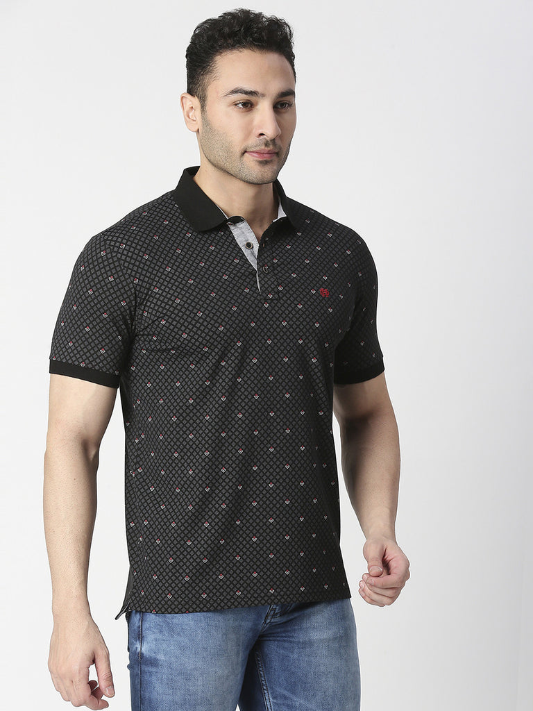 Black Cotton Jersey Lycra Printed Polo T-shirt