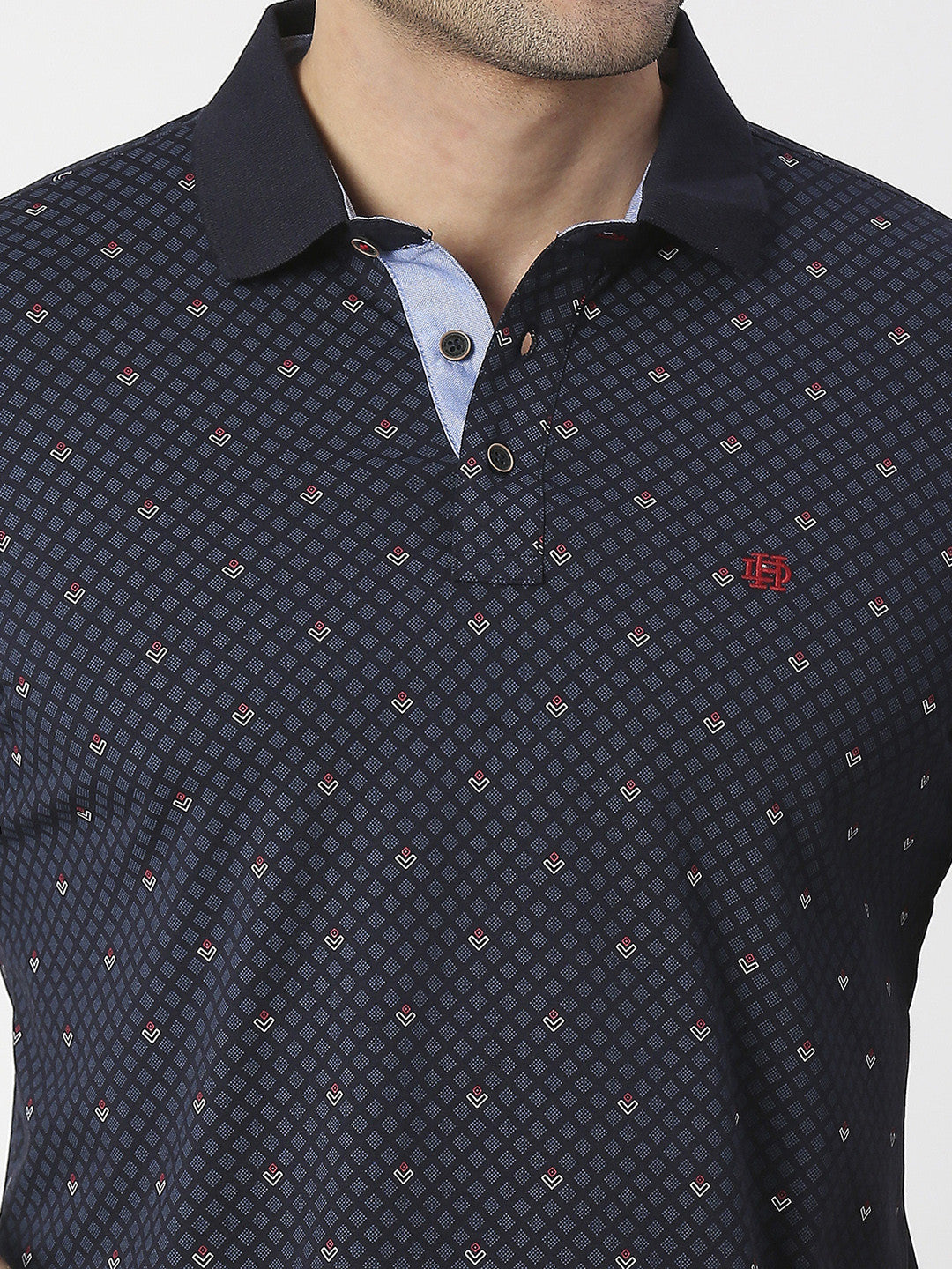 Navy Blue Cotton Jersey Lycra Printed Polo T-shirt