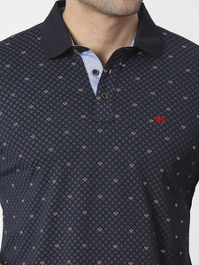 Navy Blue Cotton Jersey Lycra Printed Polo T-shirt